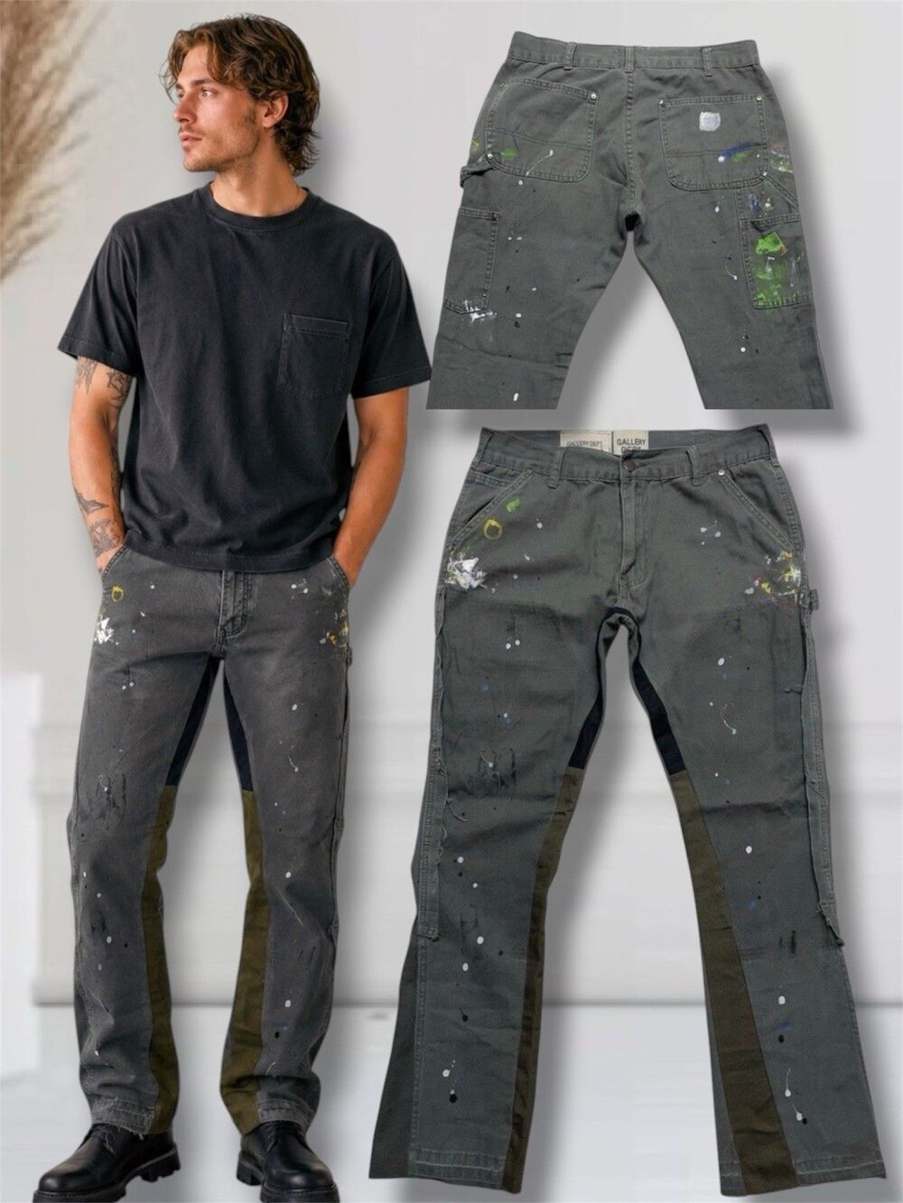 Gallery Dept. Men's W32 L31 Flared Leg Green Carpenter Paint Splatter Pants